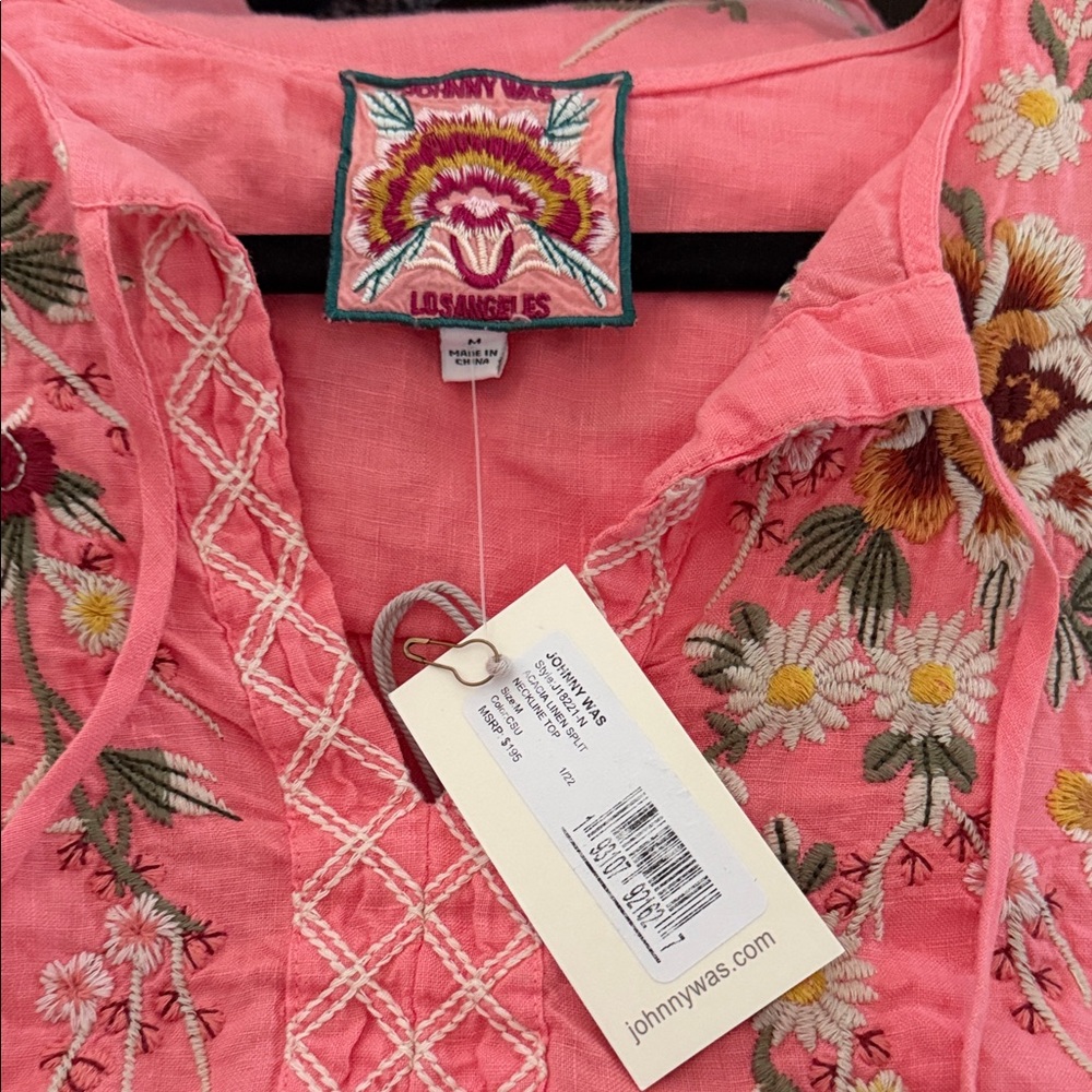 Johnny Was Coral Embroidered Floral V-Neck Tunic - Picture 2 of 6